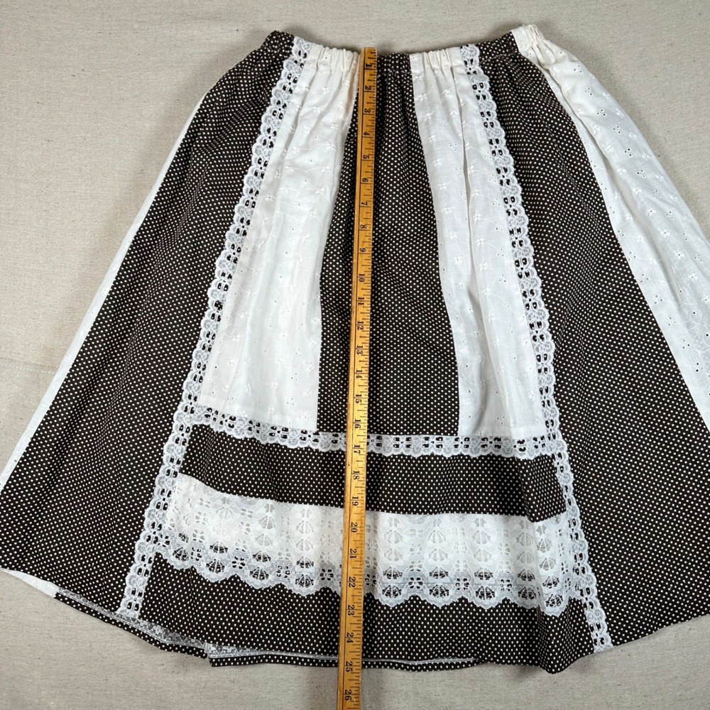 Vintage Brown Polka Dot Eyelet Lace Trim Prairie Skirt Cottagecore Midi - Picture 6 of 7
